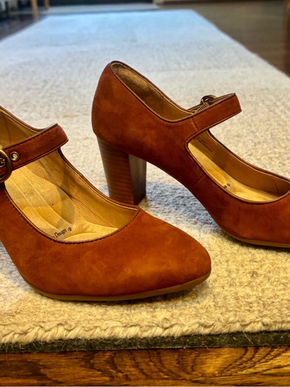 Sofft Cognac Suede Mary Jane Block Heels